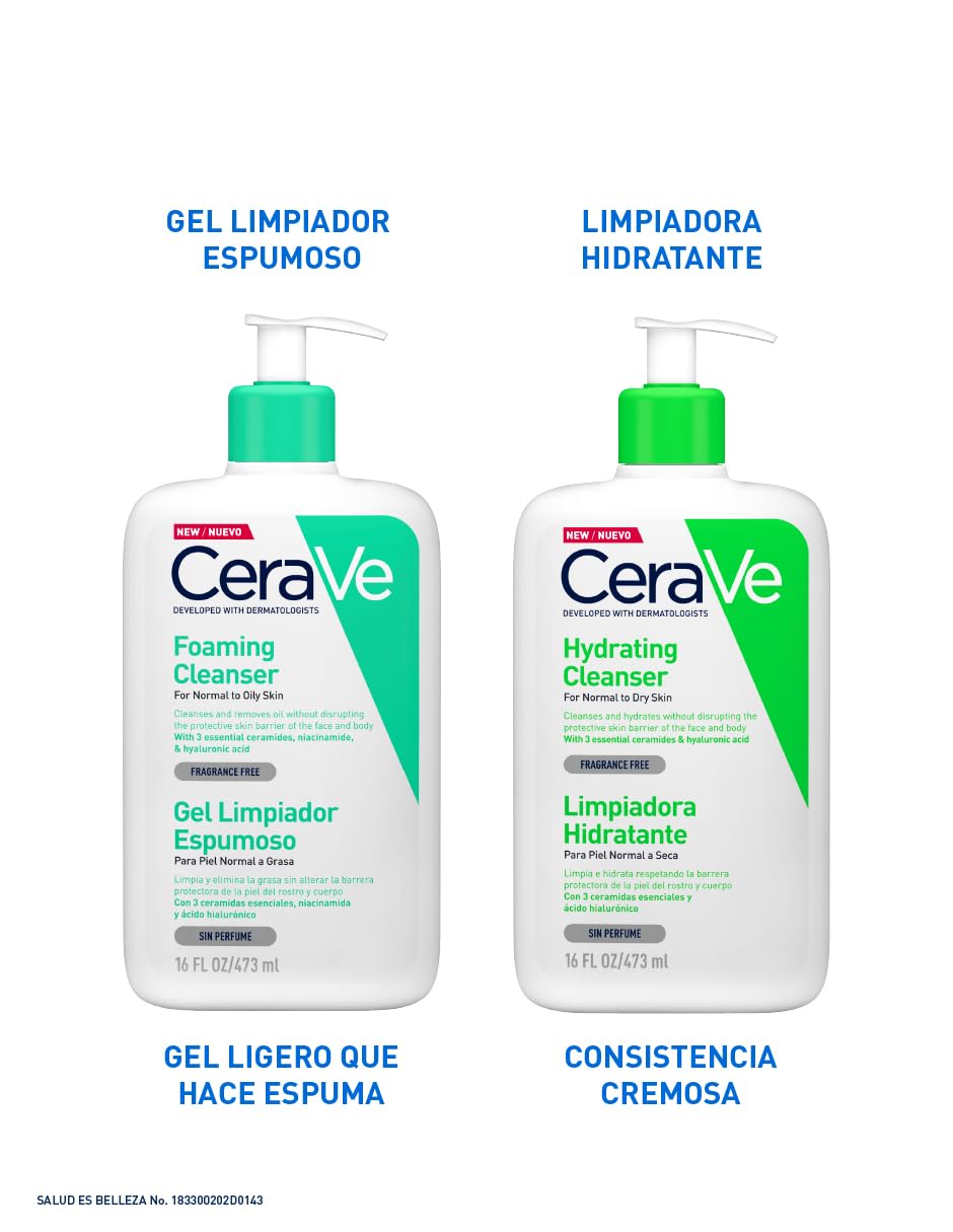 CeraVe Gel Limpiador Espumoso para Piel Normal a Grasa con Ceramidas Esenciales, Niacinamida y Ácido Hialurónico que Protege e Hidrata la Barrera Natural de la Piel, 473ml