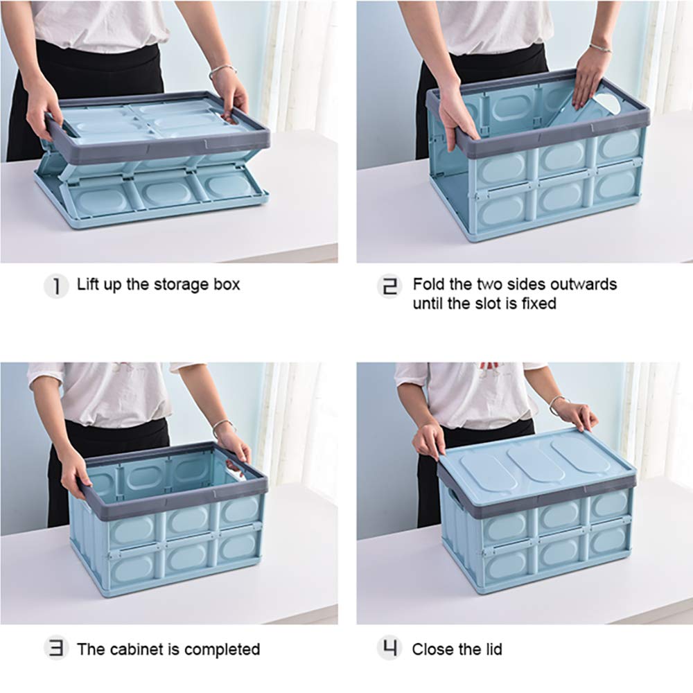 Contenedores de almacenamiento con tapa, paquete de 2 cajas de almacenamiento plegables de 30 litros, cajas de almacenamiento apilables plegables para ropa, juguetes, color azul