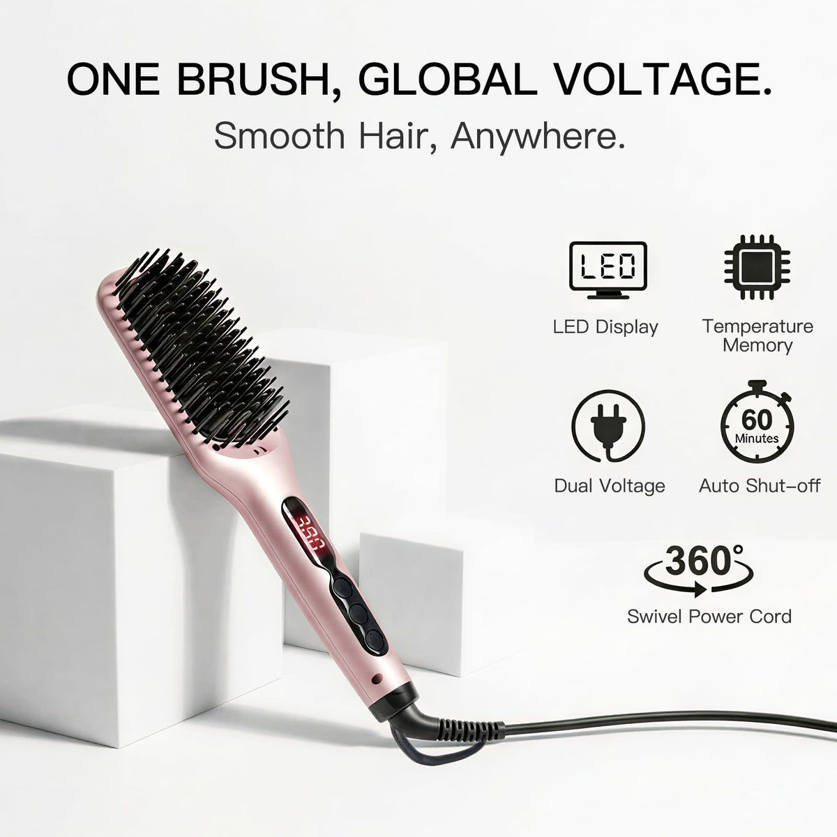 MEGAWISE Cepillo Alisador de Cerámica Iónica Oro Rosa para Uso en Casa | temperatura ajustable, bloqueo de controles, apagado en 60 min, 52 W, 100–240 V, cable giratorio de 360°, oro rosa