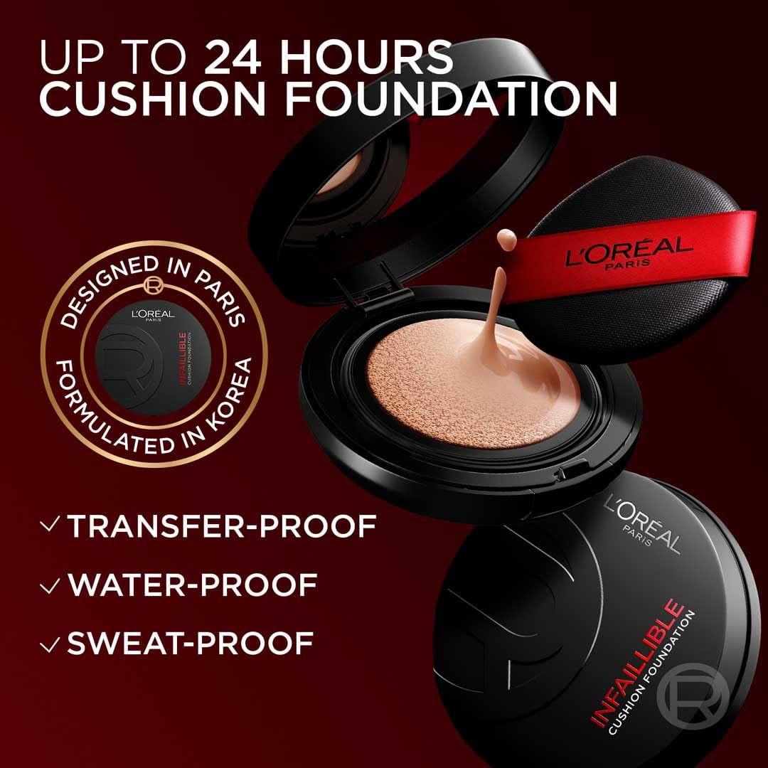 L'Oréal Paris Infallible 24H Fresh Wear Base de Maquillaje en Cushion, Alta Cobertura con Acabado Mate, 24H Larga Duración y Control de Brillo, Tono 120