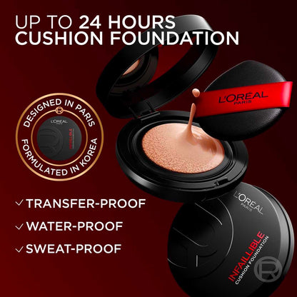 L'Oréal Paris Infallible 24H Fresh Wear Base de Maquillaje en Cushion, Alta Cobertura con Acabado Mate, 24H Larga Duración y Control de Brillo, Tono 120