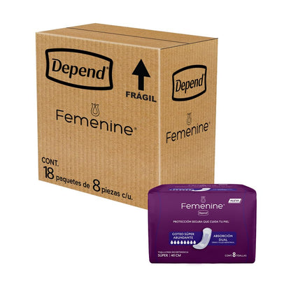 Depend Femenine Toalla para Incontinencia Súper, Caja con 18 Paquetes de 8 Piezas (144 Piezas). Tecnología 2 en 1: absorbe orina y flujo menstrual