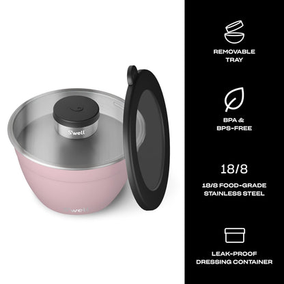 S'well - Kit de ensaladera de acero inoxidable de 64 onzas, color topacio rosa, viene con mini recipiente de 2 onzas y bandeja extraíble para organización, a prueba de fugas y apto para lavaplatos