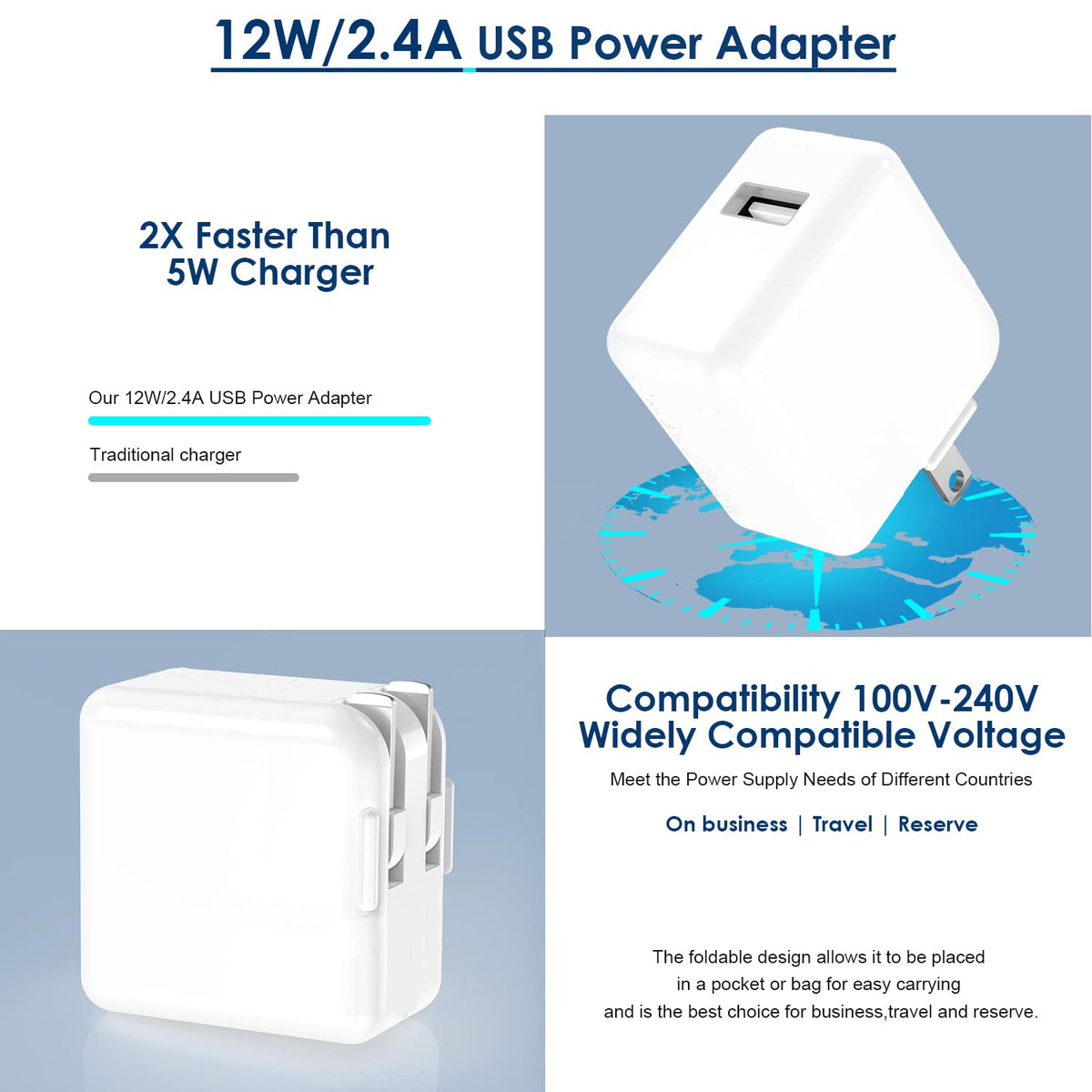 StinkLight Cargador para iPad, Cargador de iPhone Cargador de Pared USB de 12 W, Enchufe de Viaje Plegable portátil con Cable Lightning de 6.6 pies, Compatible con iPhone, iPad，iPad Air 1/2/3