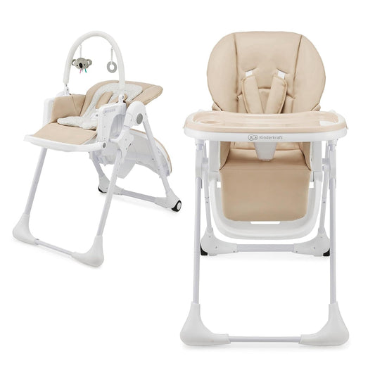 Kinderkraft TUMMIE Silla alta 2 en 1, Periquera, Tona Bebé, Para niños, Trona combinada, Asiento desde los primeros meses de vida, reposapiés, Posición tumbada, con juguetes, ajustable, Beige
