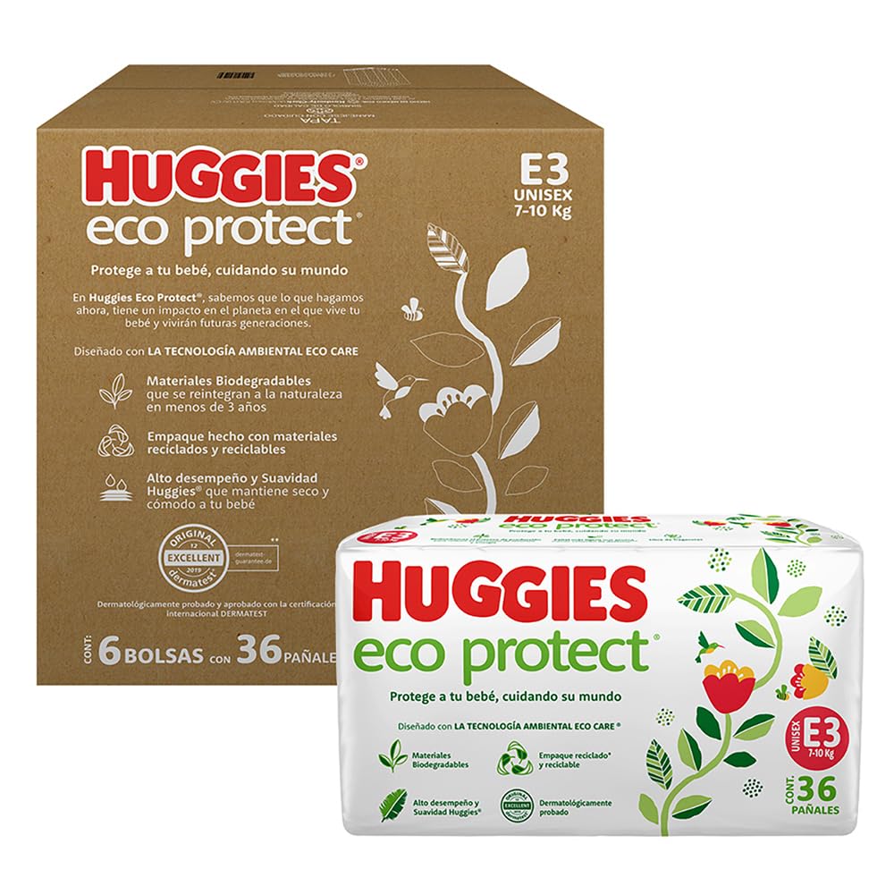 Huggies Eco Protect Pañal Desechable para bebé, Unisex, Etapa 3, Caja con 216 Pañales Desechables, Ideal para Bebés de 7 a 10 kilogramos
