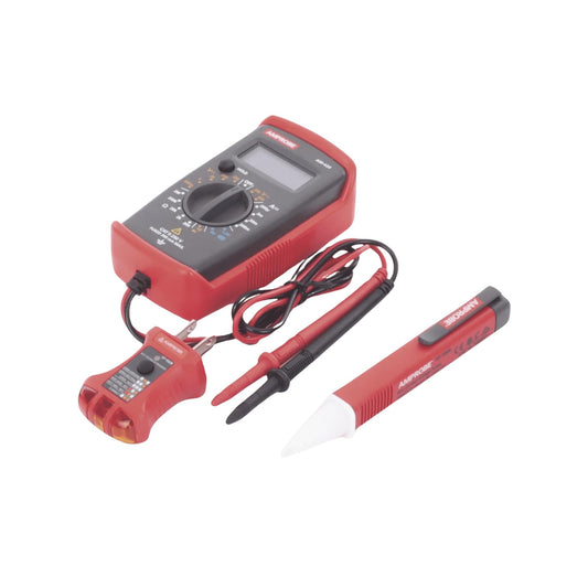 Amprobe PK-110 Kit Prueba Eléctrica Residencial: Multímetro AM-420 + Detector NCV VP-1000 + Probador Tomas ST-102B con GFCI Mide AC/DC hasta 300 V