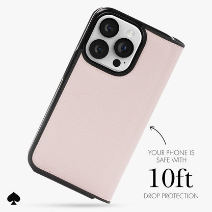 Kate Spade New York - Kate Spade Nueva York - Funda Tipo Cartera para iPhone 15 Pro, Compatible con Carga inalámbrica - Vitela pálida con Negro