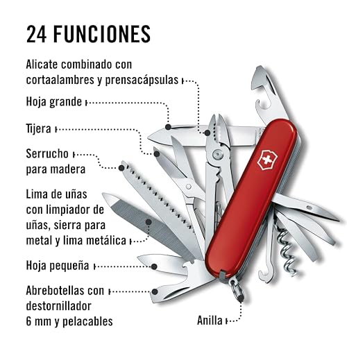 Victorinox Navaja Handyman, Roja, 24 Usos | Cuchillo de bolsillo para bricolaje y exterior con alicates, sierra para madera y metal, tijeras y cincel. Fabricado en Suiza