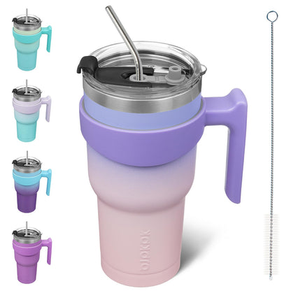 BJPKPK - Vaso de 30 onzas con asa y popote de acero inoxidable para viaje, vaso aislado con tapas, puesta de sol pastel