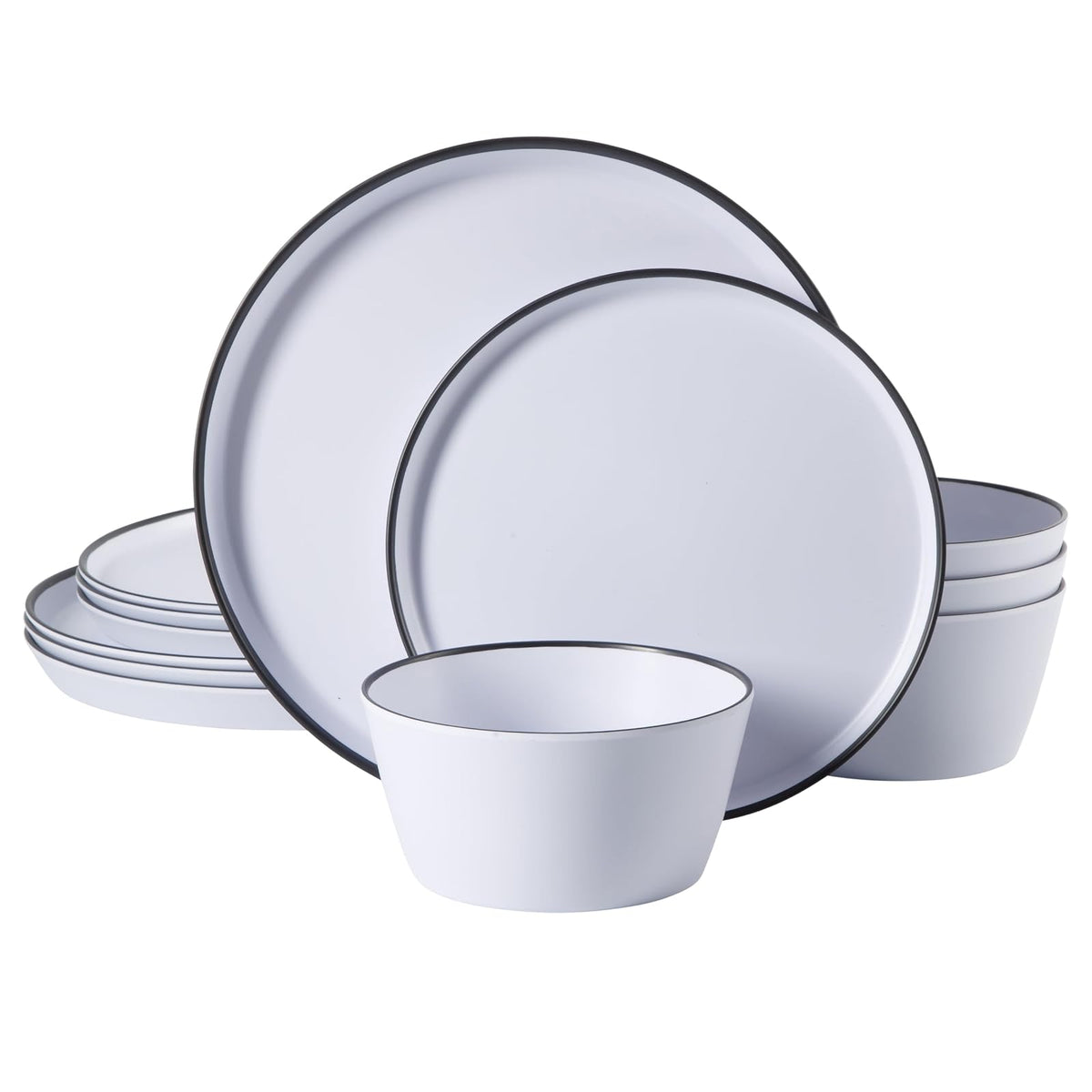 Gibson Home Candy Skies Juego de Vajilla de Melamina, Servicio para 4 - Service for Four (12pcs) - Blanco con borde negro