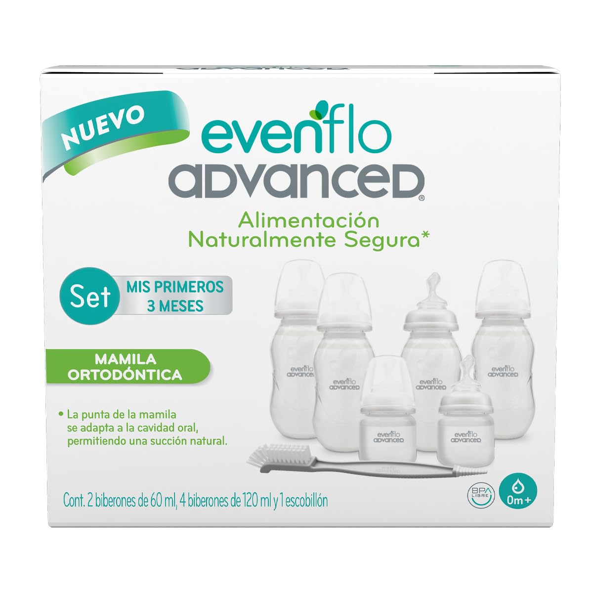 Evenflo Advanced Set Avanzado de 6 Biberones Ortodónticos con Escobillón, Silicón Grado Alimenticio, Libre de BPA, Cuello Angosto, Sistema Triple de Ventilación, para Bebés 0-3 Meses
