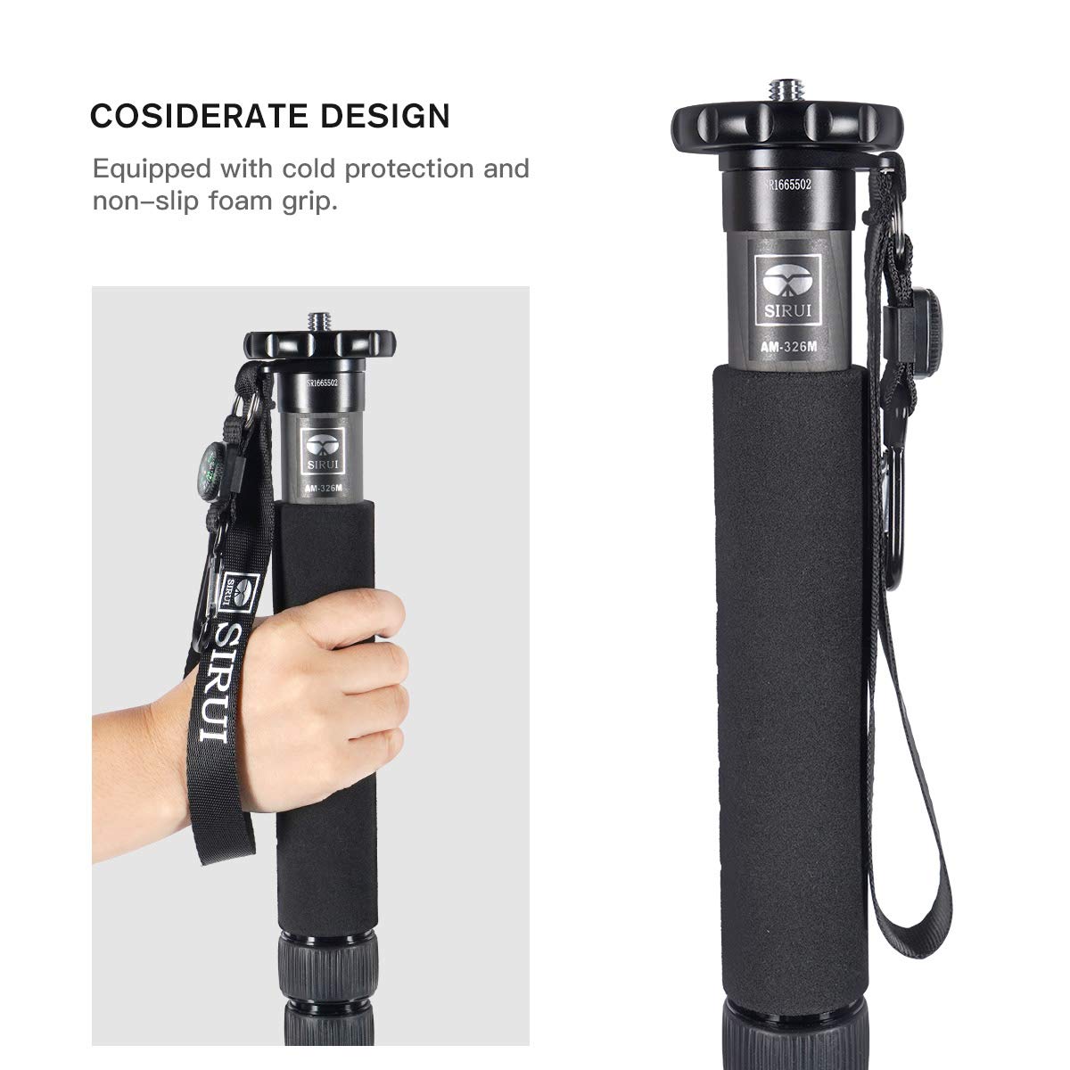 Sirui 61.4" Monopié Fotográfico de Cámara, Monopié de Video de Fibra de Carbono, Carga Máxima de 10kg para Cámaras, DSLR, Videocámara - AM-326M