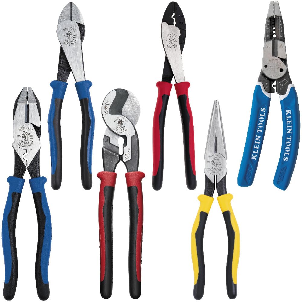 Klein Tools 80086 - Kit de alicates Journeyman, fabricado en Estados Unidos, corte lateral de alto apalancamiento, diagonal, alicates de punta larga para tirar, cortar y engarzar, 6 piezas