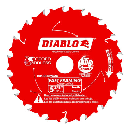 Diablo Hoja de Sierra rápida para Madera - 5-3/8 Pulgadas de diámetro, 18 Dientes ATB, Eje de 20 mm, Borde de 0.49 Pulgadas, ángulo de Gancho de 18°, Placa de 0.39 Pulgadas, 14500 RPM máximas -