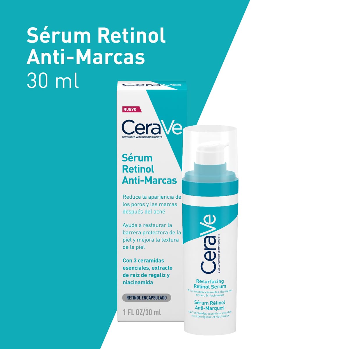 CeraVe Sérum Retinol Anti-Marcas e Imperfecciones con Retinol Encapsulado, Niacinamida y Ceramidas Esenciales, Para Piel Grasa o con Tendencia al Acné, 30 ml
