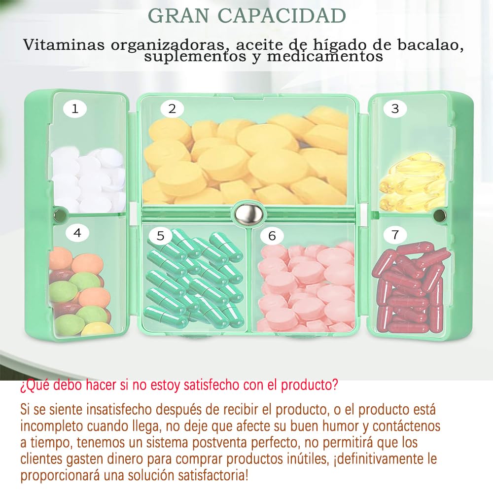 GeorgeX Pastillero Semanal de 7 Días, Pastillero Portátil de Viaje, Caja de Almacenamiento de Medicamentos con Siete Compartimentos para Medicamentos Vitamínicos y Suplementos (Verde)