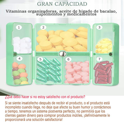 GeorgeX Pastillero Semanal de 7 Días, Pastillero Portátil de Viaje, Caja de Almacenamiento de Medicamentos con Siete Compartimentos para Medicamentos Vitamínicos y Suplementos (Verde)