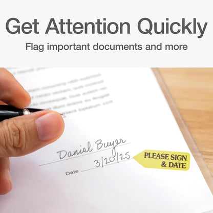 Redi-Tag - Banderas con flecha y mensaje impreso, Please Sign and Date, Amarillo, 1 3/4" x 9/16"