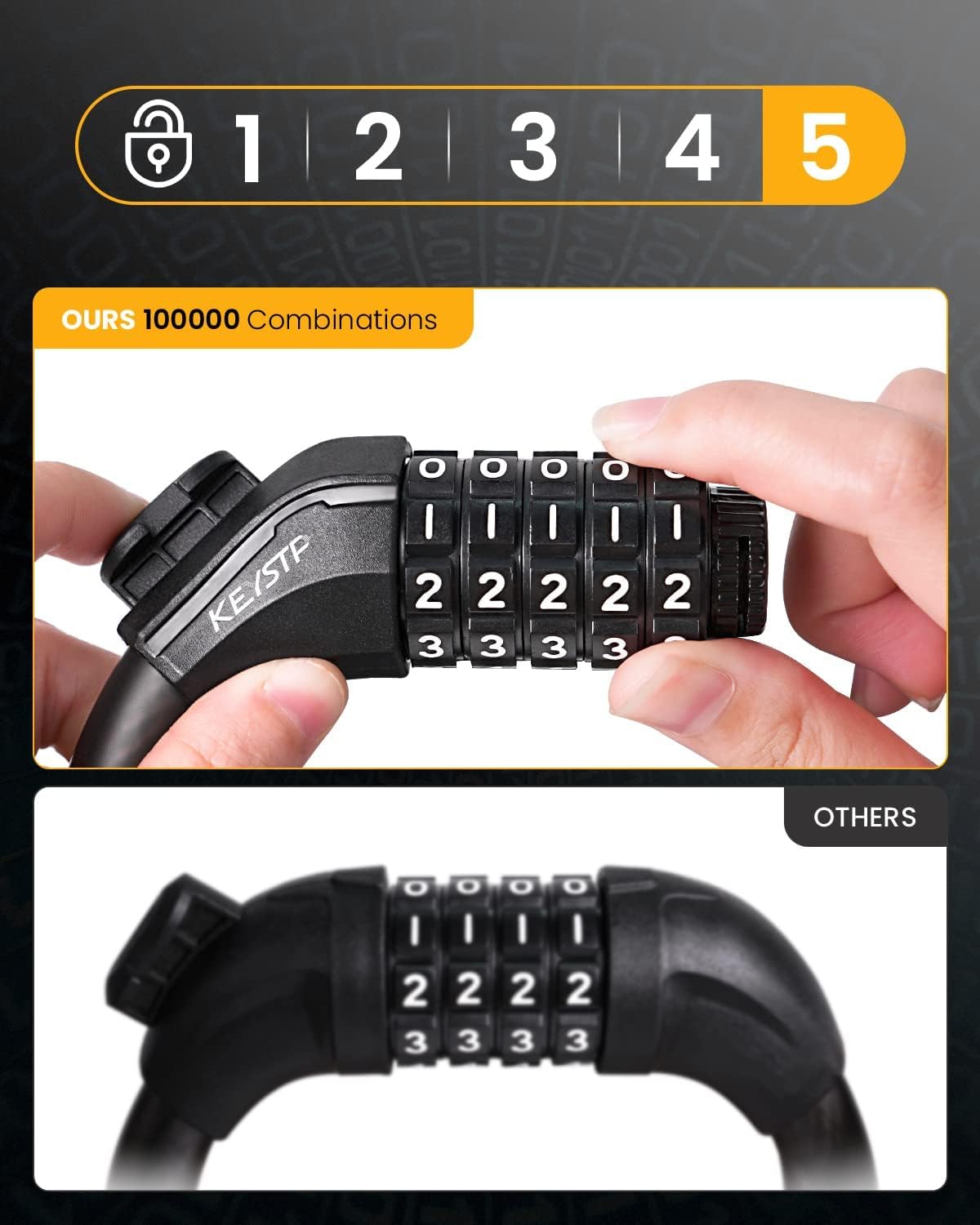 KEYSTP - Cable de Bloqueo de Bicicleta de 5 dígitos, Resistente y reiniciable, antirrobo con Soporte de Montaje, Cable de Acero Impermeable para Scooters, eléctricas, Uso al Aire última