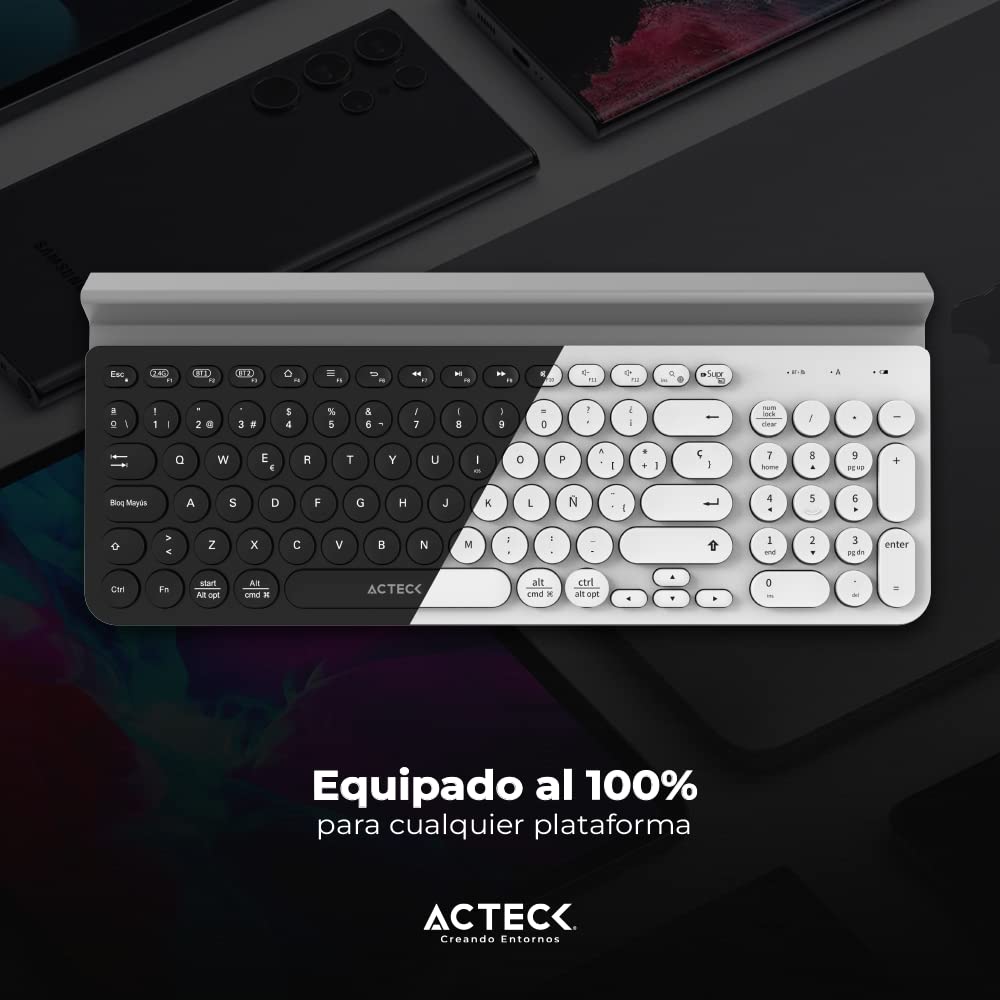 Acteck Teclado Multidispositivo Inspire Comp TI695 / 2.4Ghz + 2 Modos BT Soporte para Dispositivo + 2xBats AAA Incluidas Negro Elite Series
