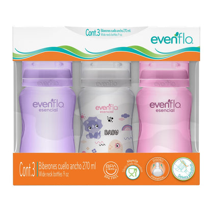 Evenflo Biberón Anticólicos de Dinosaurio para Niña, Cuello Ancho, 270ml/9oz, Rosa, Morado y Transparente, Flujo Medio, con Ventilación, 3 Piezas, para Bebés de 3 Meses en Adelante