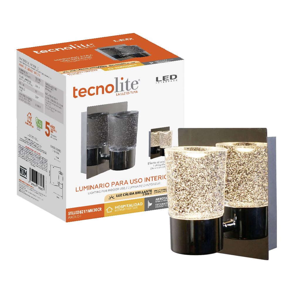 Tecnolite - Lámpara de Pared Arbotante Cristal LED 5.5 W, Luz Cálida Brillante, No atenuable