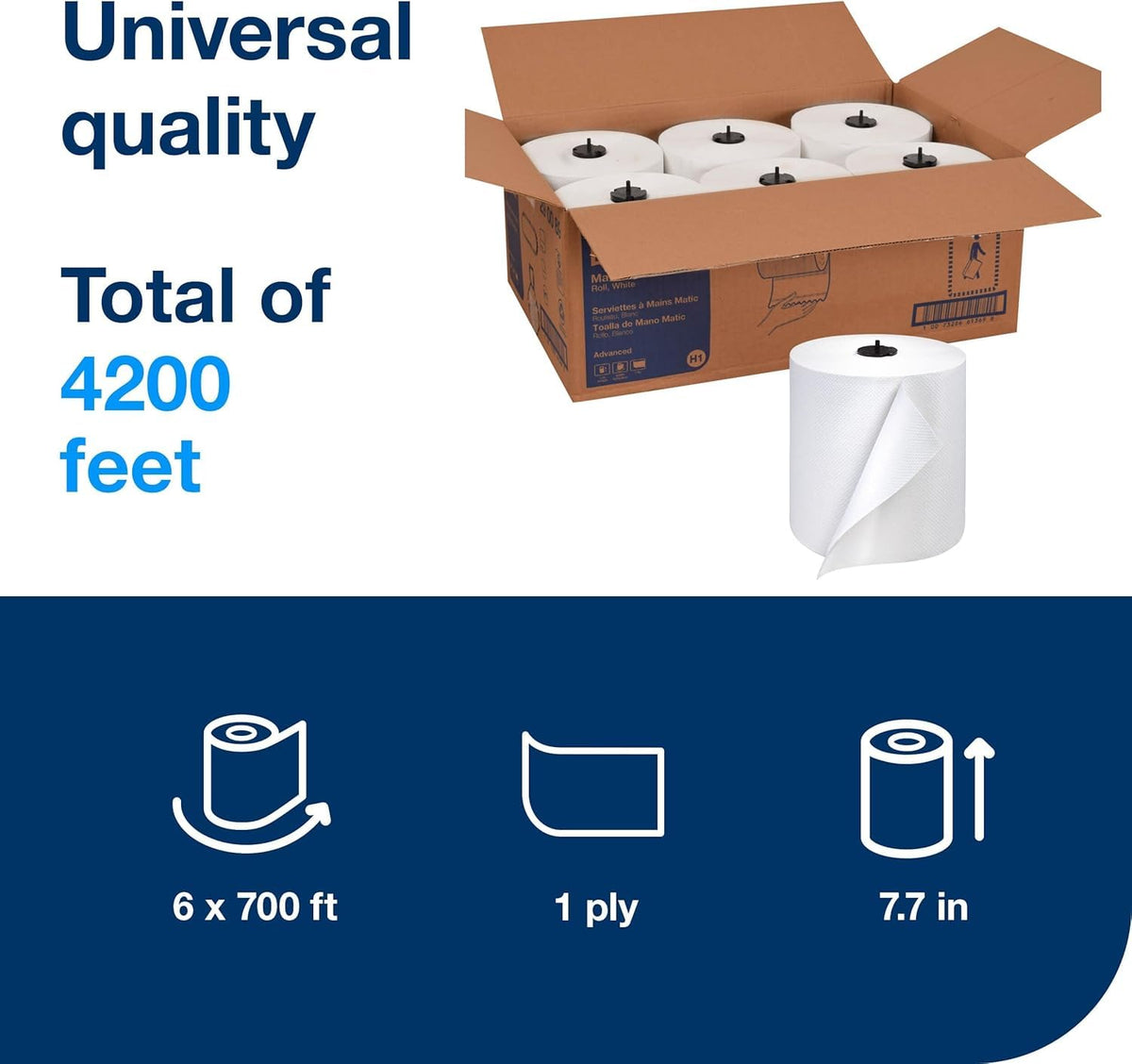 Tork Matic Paper Rollo de toallas de mano blanco H1, universal, 100% fibra reciclada, 6 rollos x 700 pies, 290089