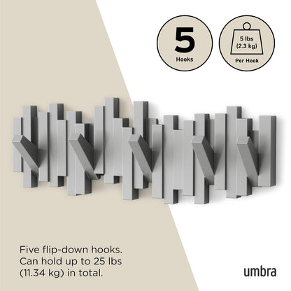 Umbra Sticks perchero de pared con gancho de riel y 5 clavijas retráctiles – Organizador de almacenamiento moderno que ahorra espacio, gris