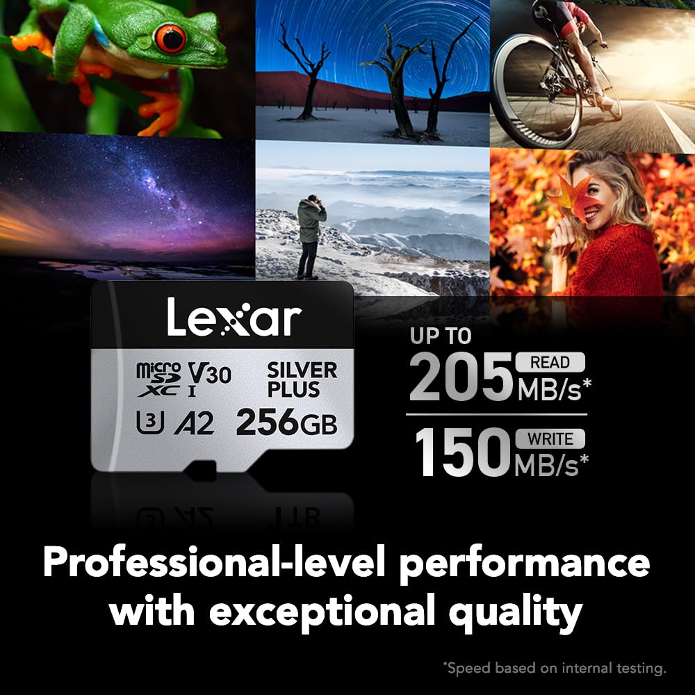 Lexar Tarjeta Micro SD Profesional Silver Plus de 256 GB, UHS-I, C10, U3, V30, Full HD y 4K, Tarjeta de Memoria microSDXC de hasta 205/150 MB/s, para videógrafos, Jugadores (LMSSIPL256G-B2ANU)