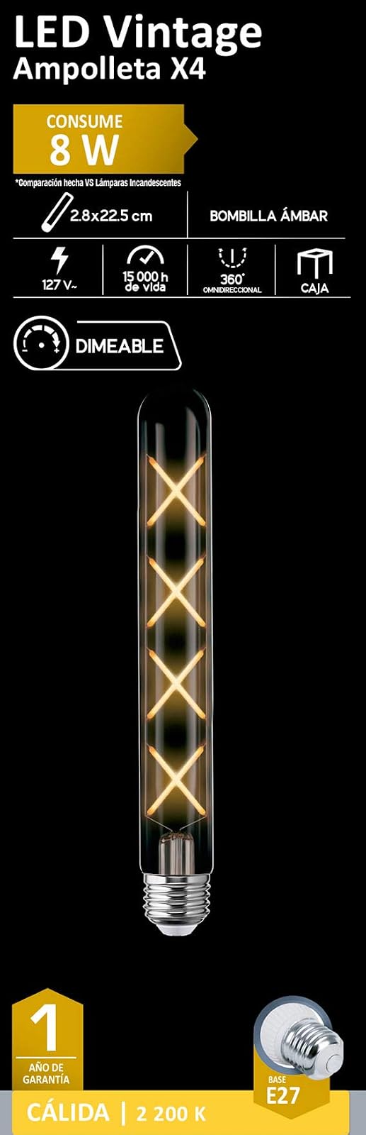 FOCO LED - AKSI - VINTAGE, Ampolleta "X4", Consume 8W, DIMEABLE, E27 - led solar lampara exterior jardín focos techo luces luz foco de plafón pared solares iluminación lámparas piscina sensor acuario cocina aplique placas bombillas maceta piedras plafones