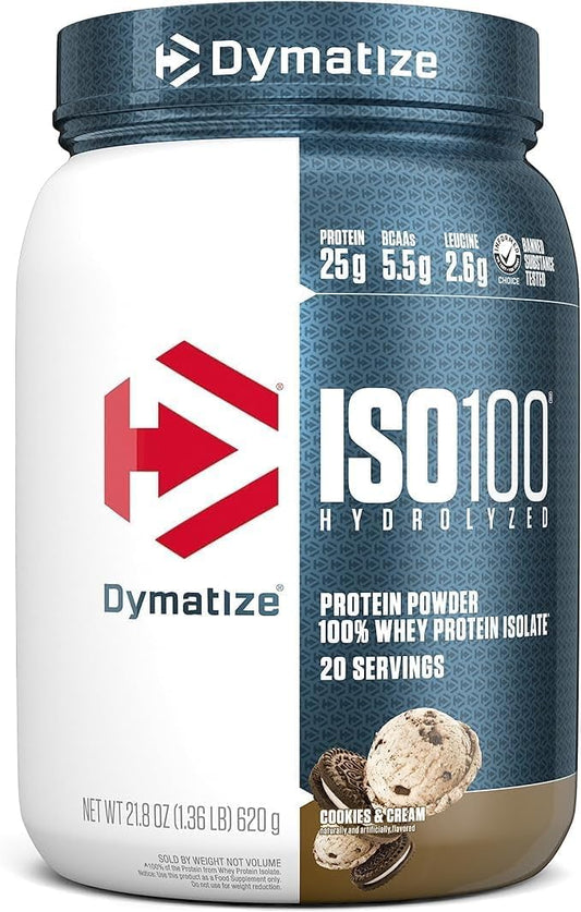 Dymatize ISO 100, Proteína Aislada de Suero Hidrolizada, Sabor Cookies and cream, 640 g, 25 g Proteína por Porción, Sin Gluten, 20 porciones