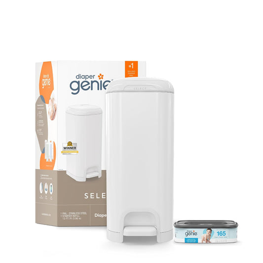 Bote para pañales Diaper Genie Select Pail | Hecho en acero inoxidable duradero | Incluye 1 recambio cuadrado de inicio que puede contener hasta 165 pañales tamaño recién nacido | Blanco