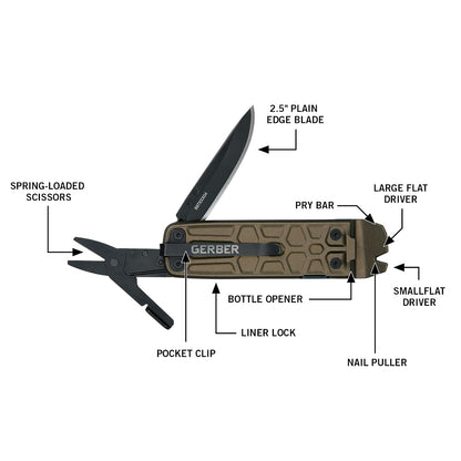 Gerber Gear Lockdown Slim Pry 7 en 1 llavero multiherramienta compacto EDC mini cuchillo de bolsillo con barra de palanca, bronce quemado