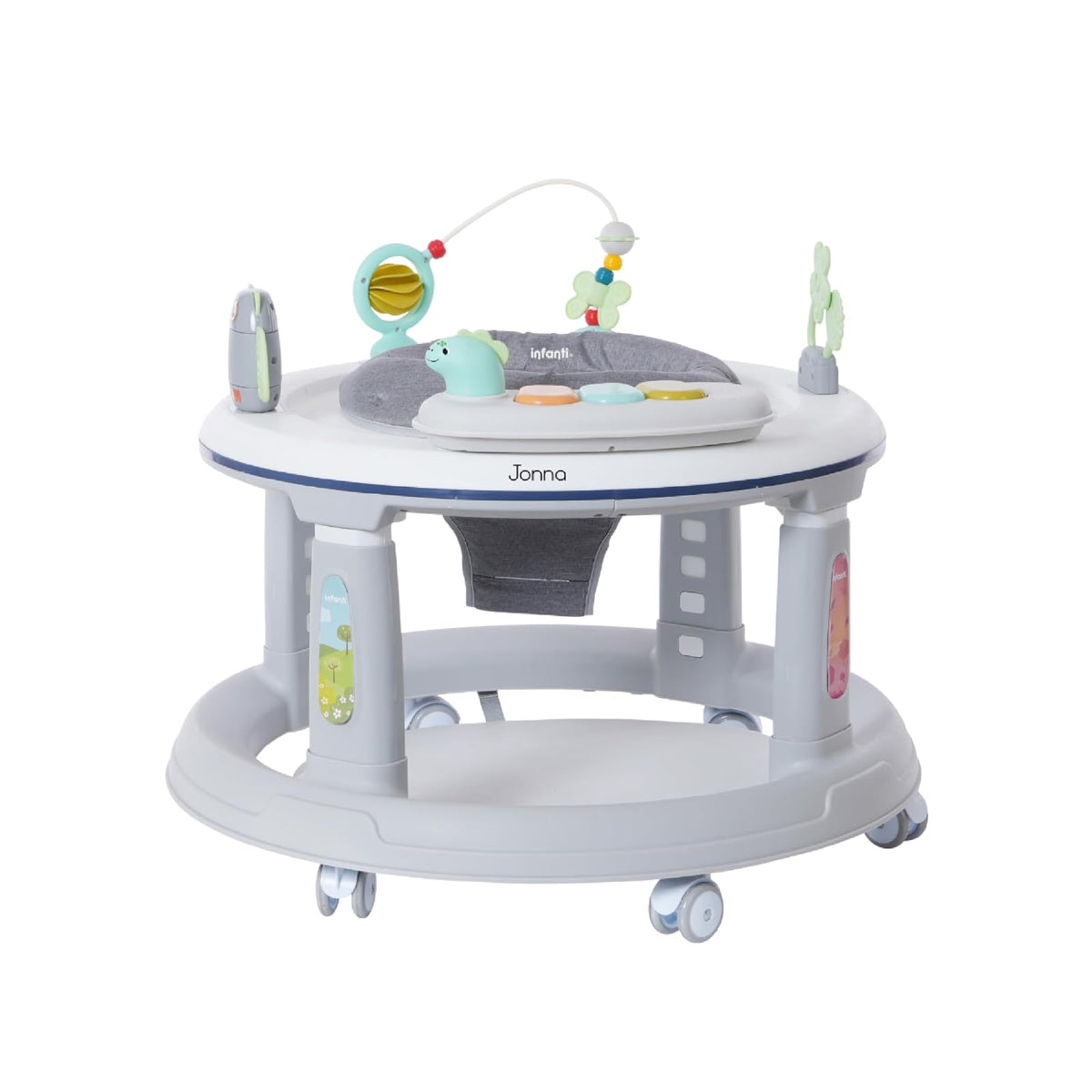 Infanti | Andadera JONNA 4 en 1 con Asiento Giratorio 360° | Se Transforma en Centro de Entretenimiento y Mesita Interactiva | Andador con Juguetes y Sonidos | Altura Ajustable | Color Gris