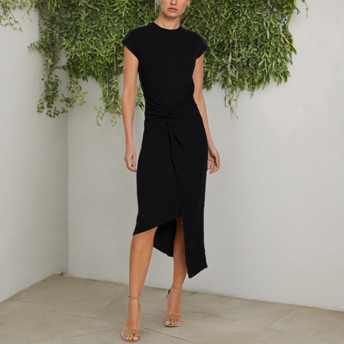 Laundry by Shelli Segal Midi Dress Cap Sleeve Asymmetrical Knot Front Dresses Vestido Mujer