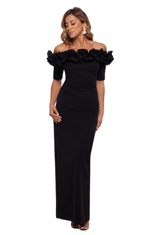 Xscape Vestido Largo de crepé con Hombros Descubiertos (Reg y Petite) Vestido para ocasión Especial Mujer