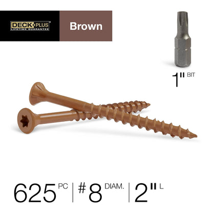 Deck Plus - Tornillos para madera, tornillos exteriores marrones, 2 x #8, 5 libras