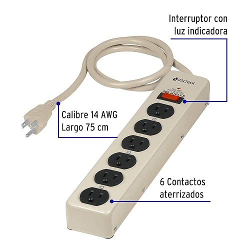 Volteck MUL-660, Multicontacto uso rudo, 6 entradas, supresor, 600 joules