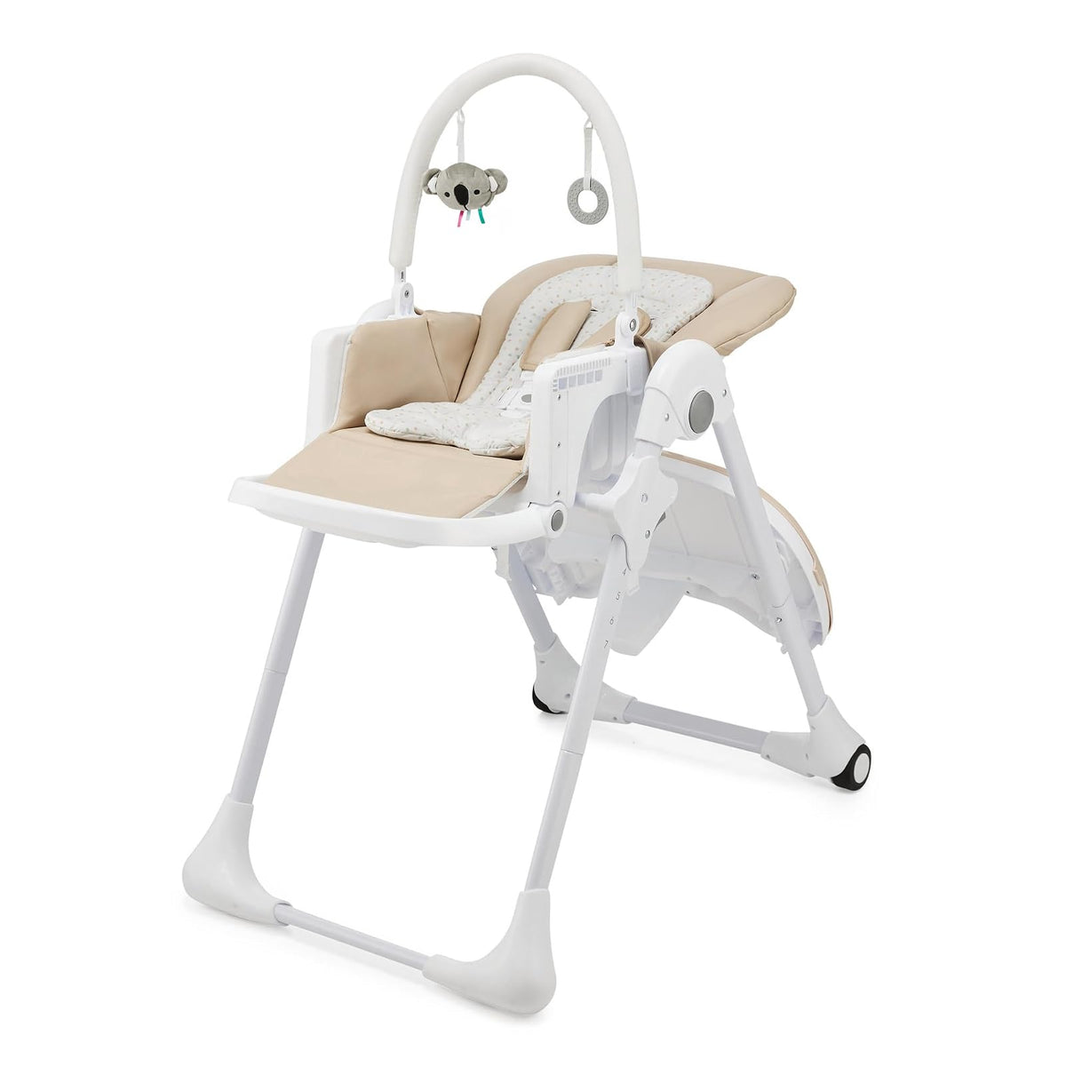 Kinderkraft TUMMIE Silla alta 2 en 1, Periquera, Tona Bebé, Para niños, Trona combinada, Asiento desde los primeros meses de vida, reposapiés, Posición tumbada, con juguetes, ajustable, Beige