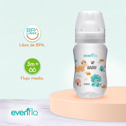 Evenflo Biberón Anticólicos Forest, Diseño de Dinosaurio, Cuello Ancho, 270ml/9oz, Azul y Turquesa, Flujo Medio, Sistema de Ventilación, 3 Piezas, para Bebés de 3 Meses en Adelante