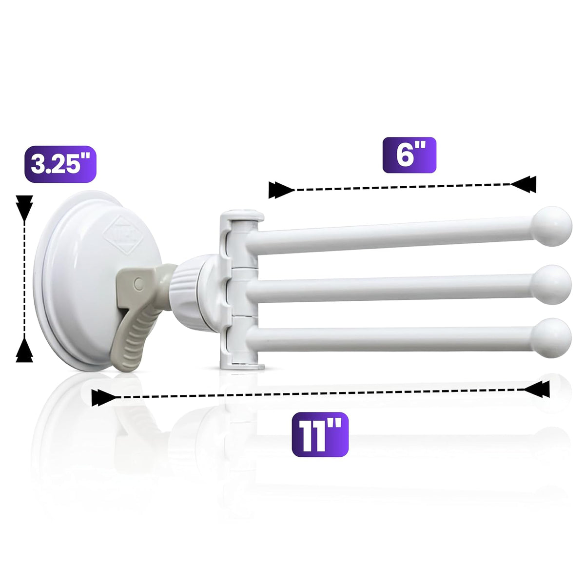 Safe-er-Grip - Estante de secado portátil para secado por goteo, color blanco con 3 brazos móviles, barra de toalla de ventosa con brazo oscilante, toallero, organizador de toallas, 11.5 x 17 pulgadas (paquete de 1)