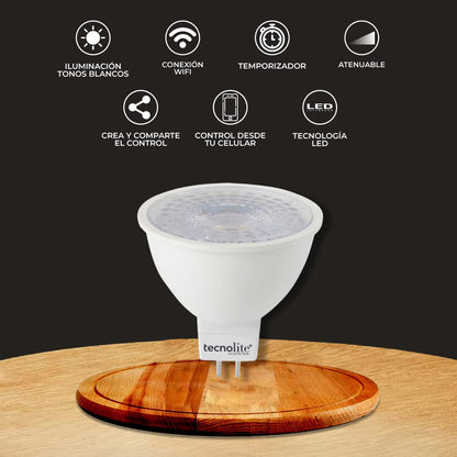 Tecnolite Connect - Foco Inteligente MR16 Flash Smart con Bulbo, Iluminación Interior, Luz Blanca Atenuable, 5 Watts, Control App Connect, Compatible con Alexa, WiFi y Bluetooth, Casa Inteligente