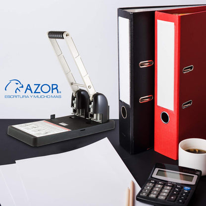 AZOR - Perforadora De Papel, 2 Orificios, Perfora Hasta 150 Hojas, Cuerpo De Acero, Antiderrapante, Pegaso, 308.952