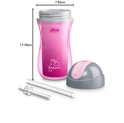 Chicco - Taza para beber con aislamiento de doble pared con popote de silicona y tapa sin derrames, apto para lavaplatos, fácil de sostener, ergonómica, color rosa y morado, 2 unidades más de 12 meses