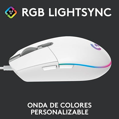 Logitech G203 LIGHTSYNC Mouse Ergonómico con Cable, Iluminación RGB Personalizable, 6 Botones Programables, Seguimiento de hasta 8,000 dpi, Ultra-Ligero - Color Blanco