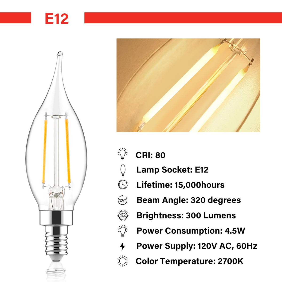 Sengled E12 - foco LED para candelabro de 60 W, equivalente a 60 W, bombillas LED regulables, 5 W, 2700 K, blanco suave, 450 lm, B10, punta de llama, estilo clásico, con base decorativa de candelabro