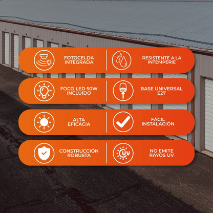 Tecnolite - Lámpara de Pared, Iluminación Exteriores Espejo III con Luz Led de Día, Arbotante con Fotocelda de 50 W, Resistente a la Intemperie, Base E27 Espacios Industriales, Ahorrador de Energía