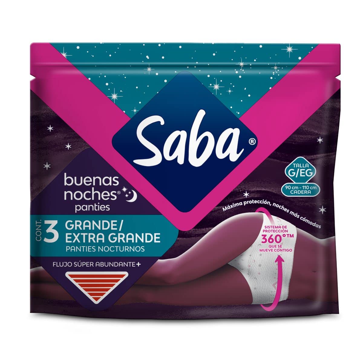 SABA Buenas Noches Panties, Panties Femeninas Nocturnas, Flujo Súper Abundante, Talla G/eg, 3 Piezas, color, 3 count, pack of/paquete de 3 + Buenas Noches Con Alas; Toallas Femeninas Nocturnas Xl,