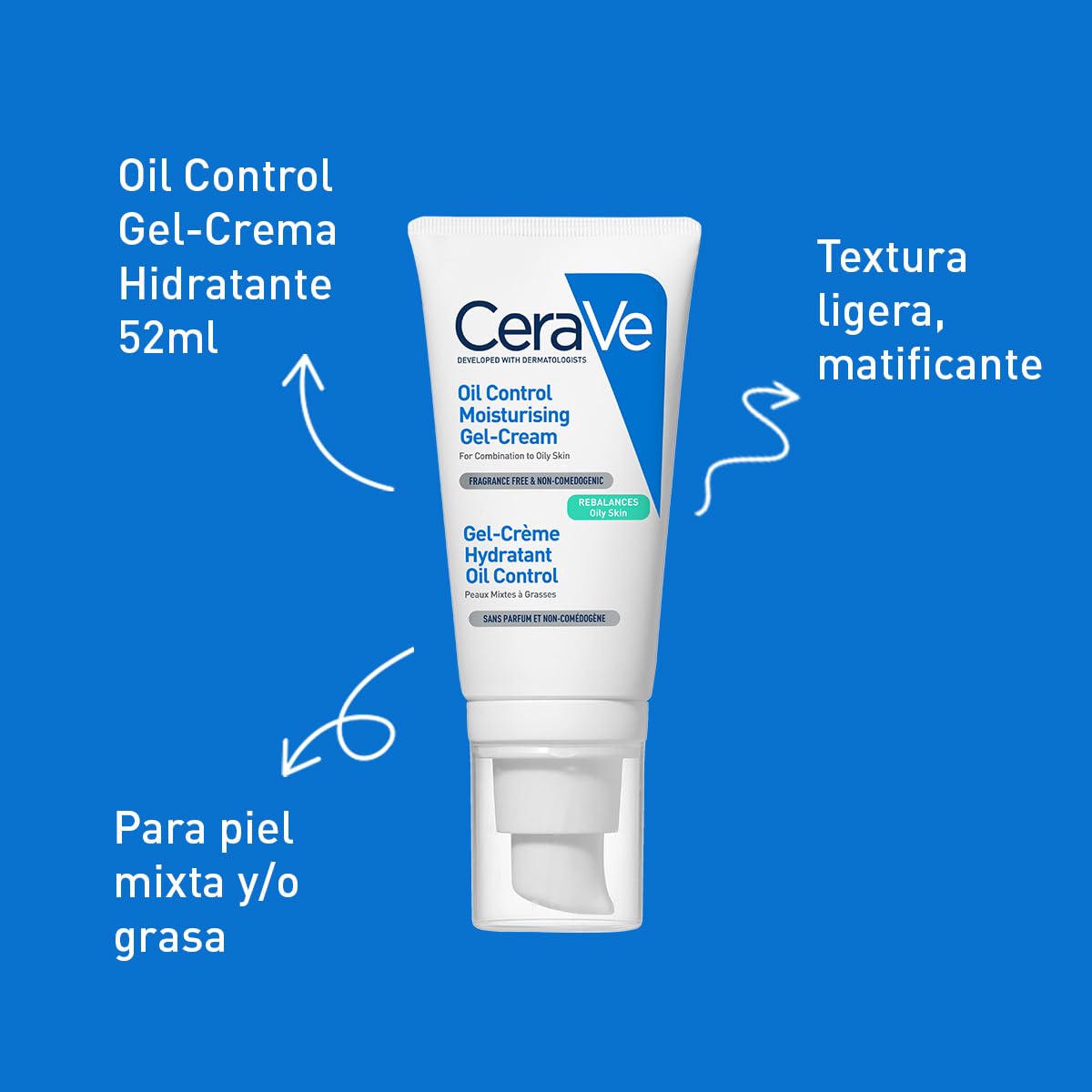 CeraVe Oil Control Gel-Crema Hidratante y Matificante para Piel Grasa 52ml | Hidrata y Controla el Brillo hasta por 8 Horas, con Ácido Hialurónico